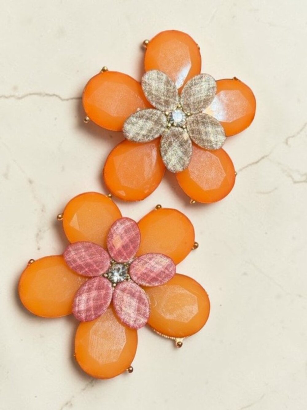 Orange Flower Brooch Pair Satin Petals Appearance with Rhinestones 3D 2.25 inch